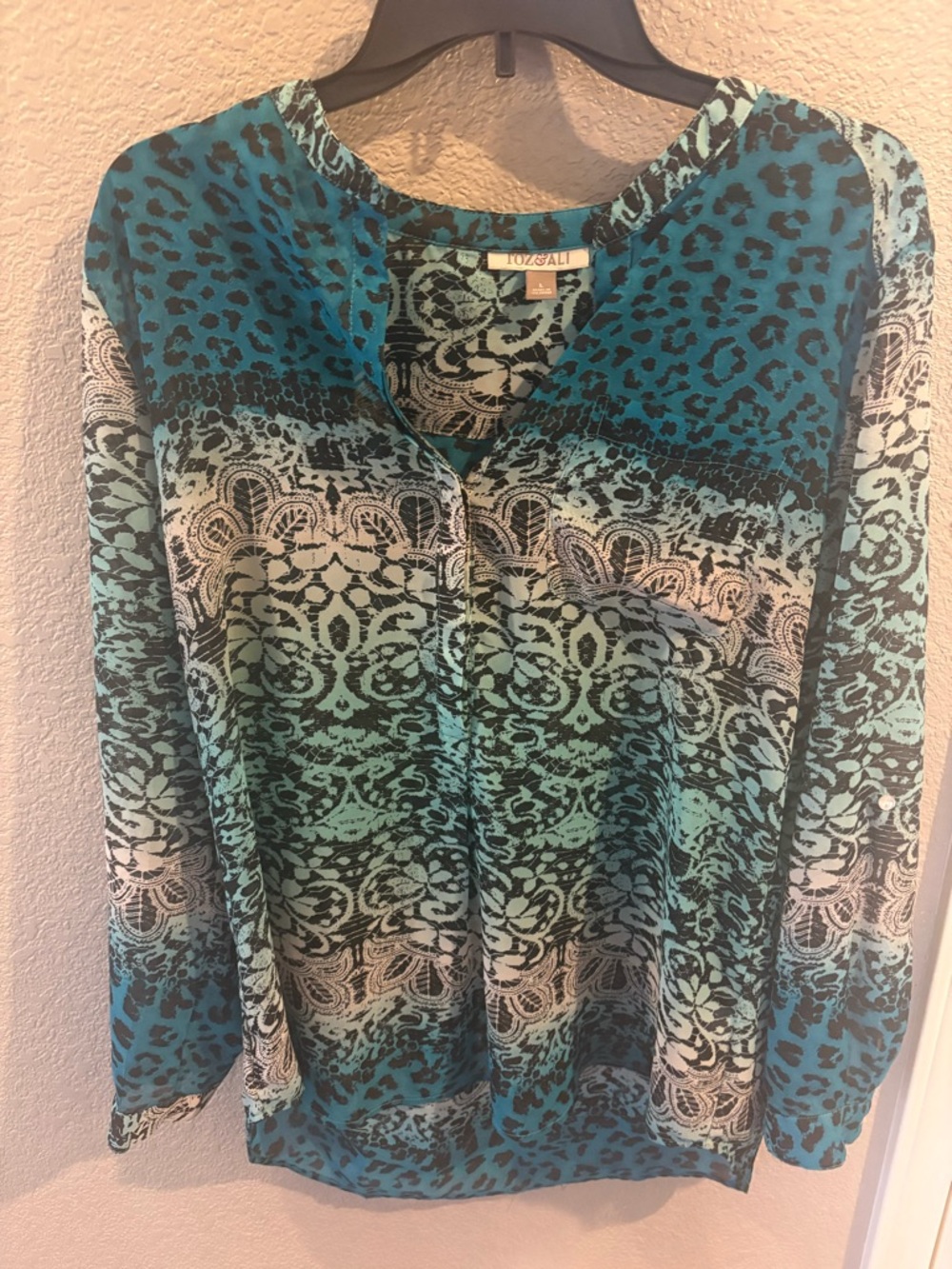 Roz & Ali Teal and Black Printed Long Sleeve Blouse LG